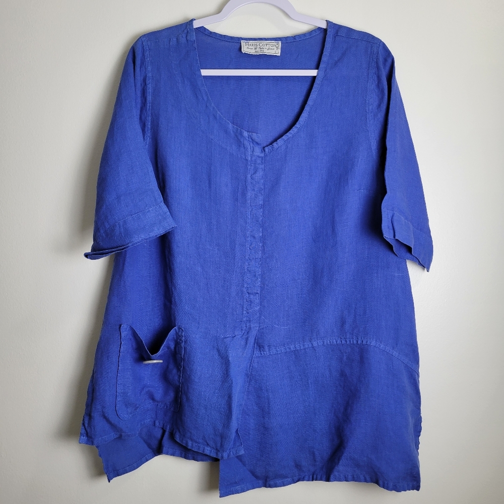 HARIS COTTON Linen Lagenlook Artsy Short Sleeves‎ V Neck Blue Slouchy Top S